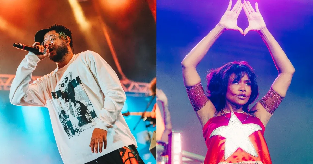 Composição de fotografias de Emicida e Gaby Amarantos em seus shows no MADA 2026