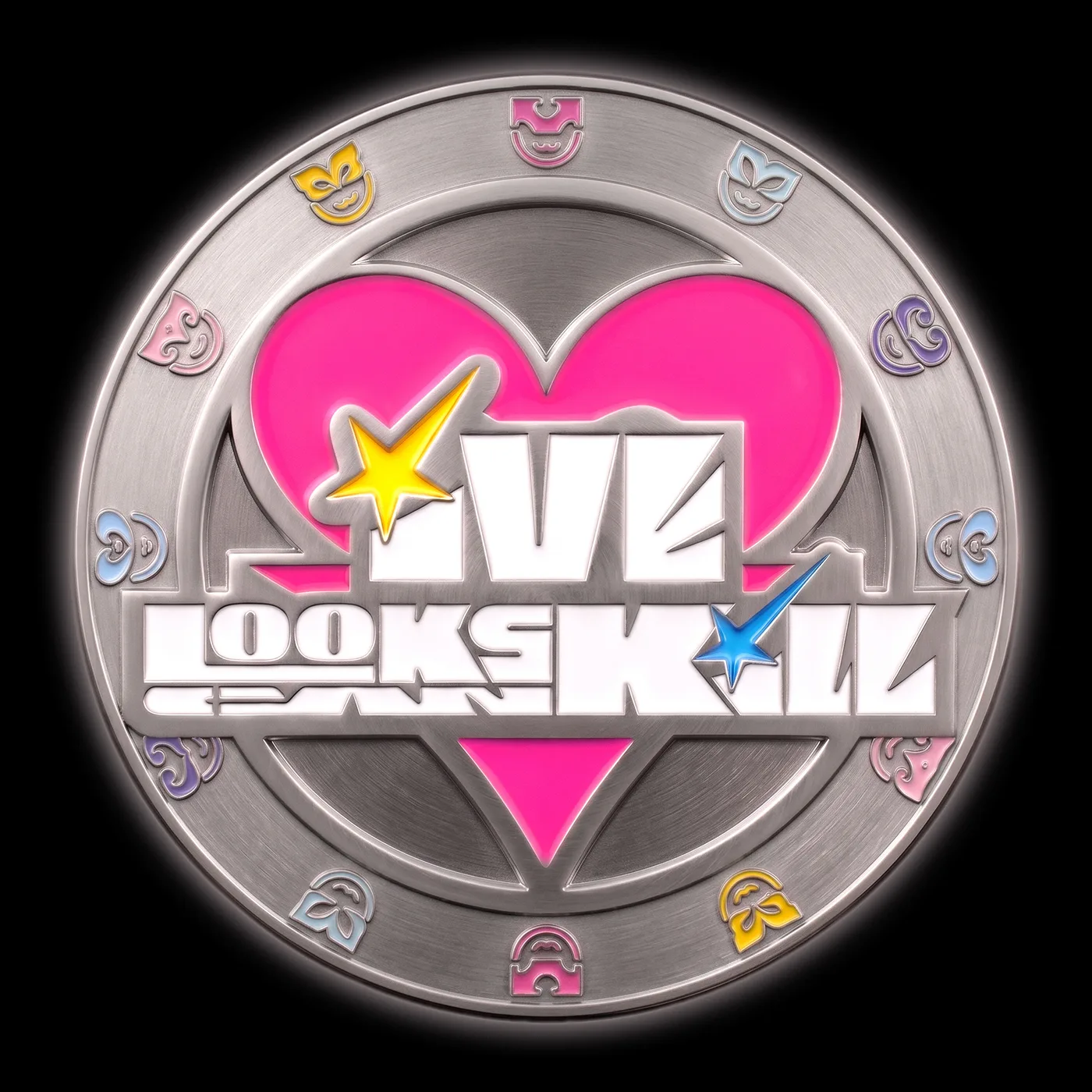 Capa de Looks Can Kill, do IVE, com emblema metálico, coração rosa e estrelas