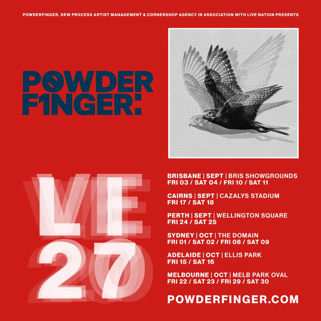Cartaz oficial da turnê australiana do Powderfinger em 2027